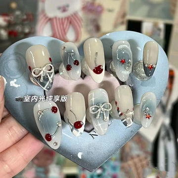 Qfdian 10Pcs Handmade Press on Nails French Almond Full Cover Cherries and Bow Design Fake Nails Sweet Cute Manicure Nail For Women